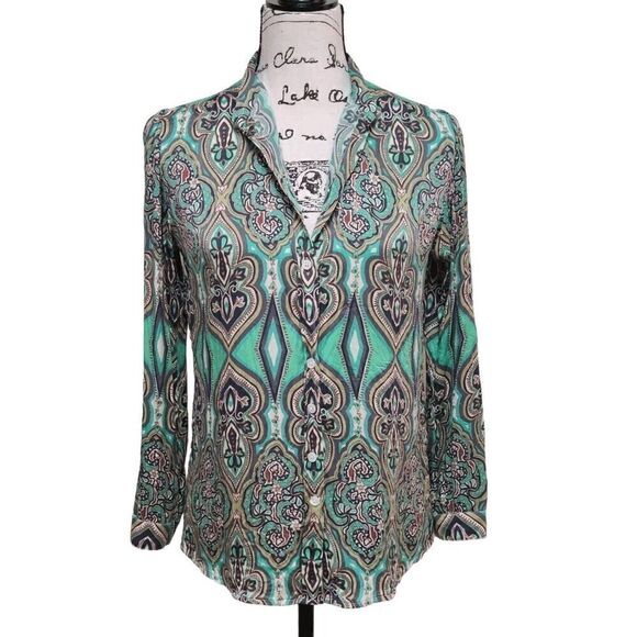 💚 CRAIG TAYLOR Women's Silk Button-down Paisley Print Green Shirt Blouse XS - Picture 1 of 16